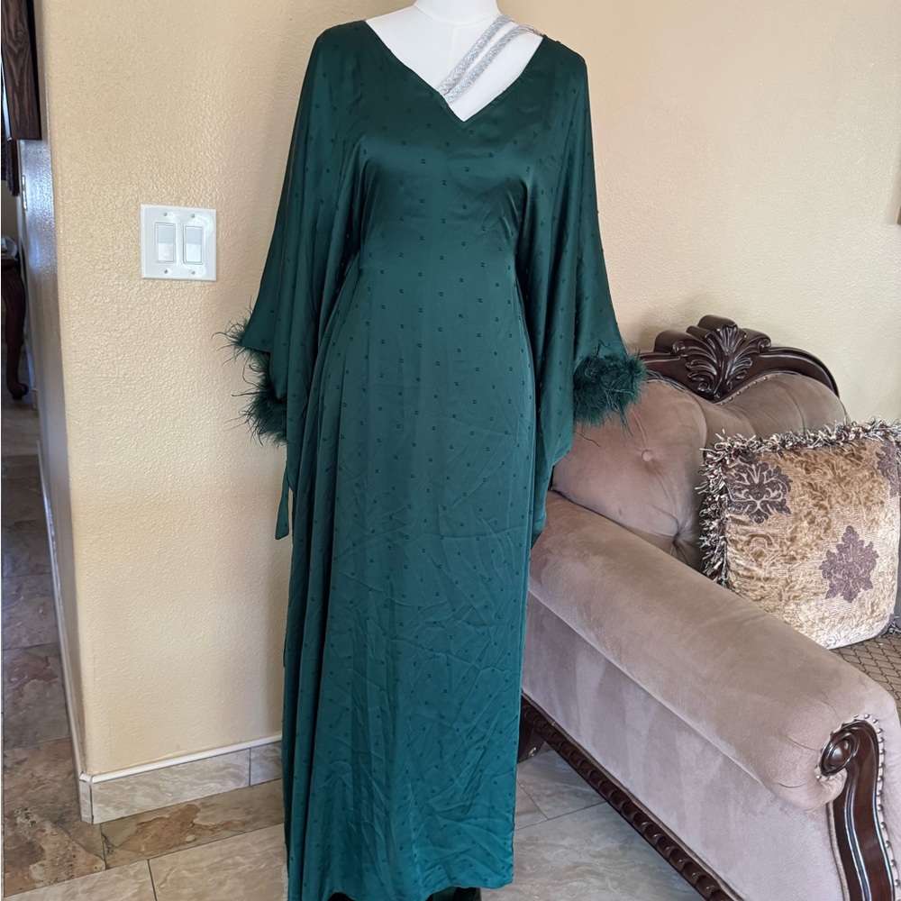 Emerald Green Satin Maxi Dress with Feather Cuffs